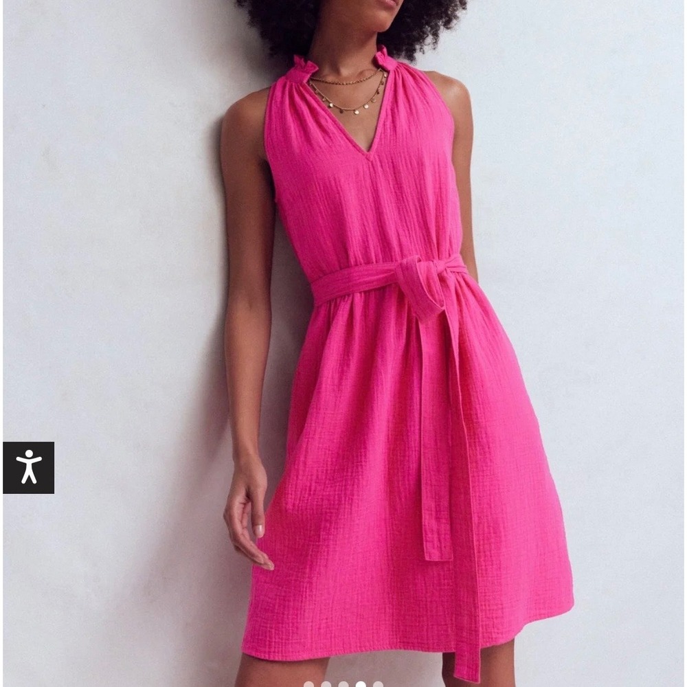 Boden 2R Viv Double Cloth Short Dress Gauze Ruffle Hot Pink Peony Pockets Belt